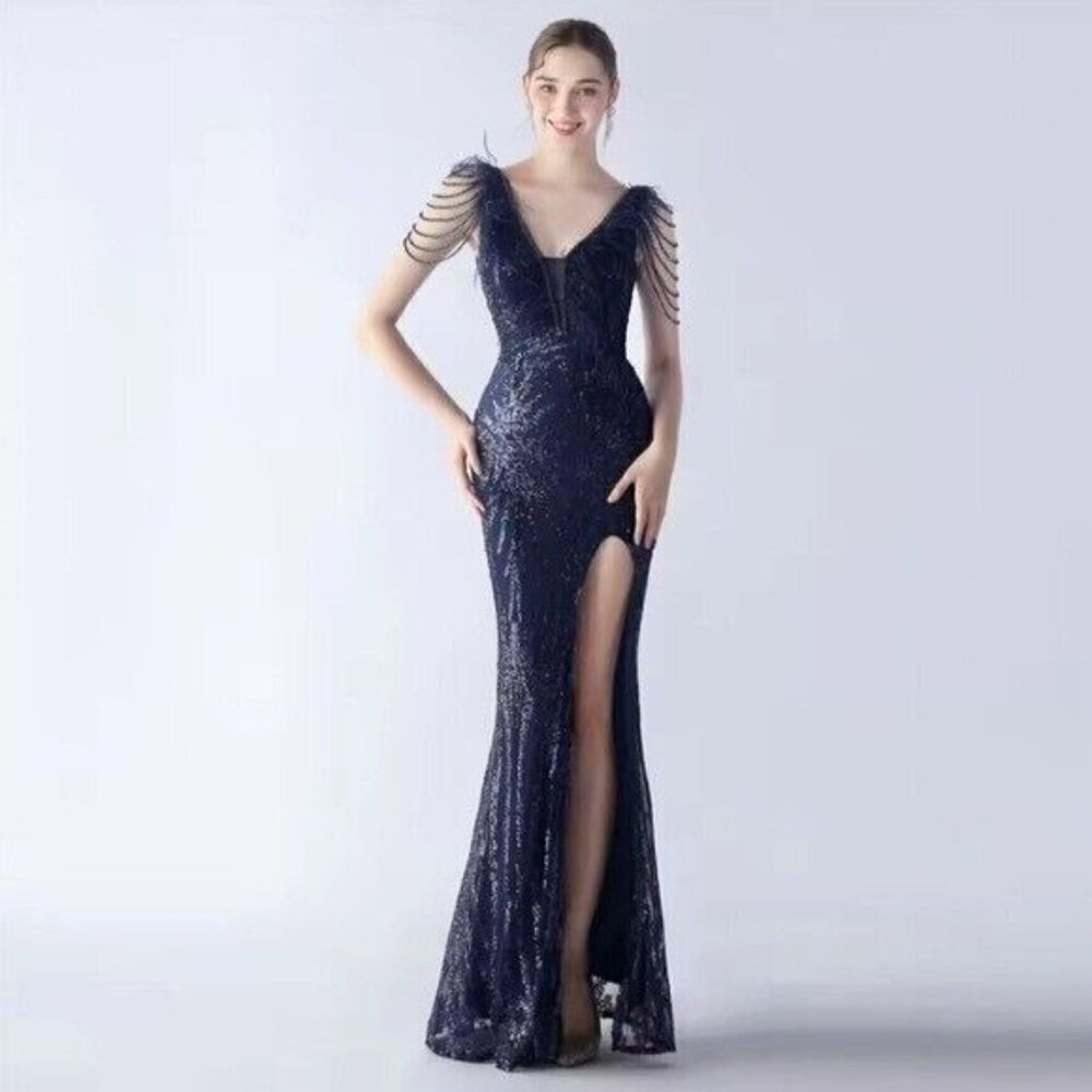 Navy, Ostrich , Beaded,  Sleeveless, V Neck,  Abstract ,  Sequined Mermaid Gown
